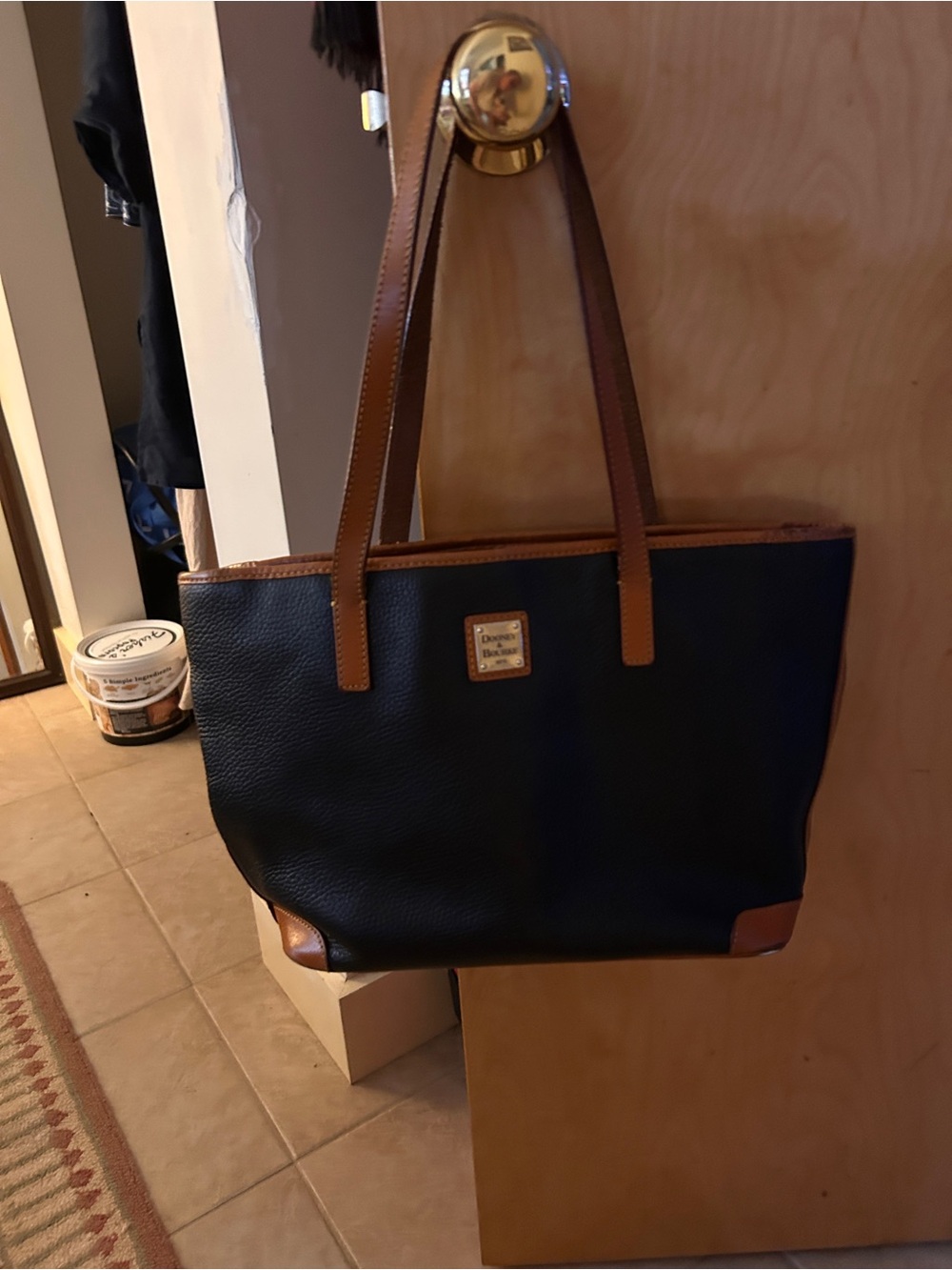 Dooney & Bourke Black Pebbled Leather Tote with Brown Trim and Straps
